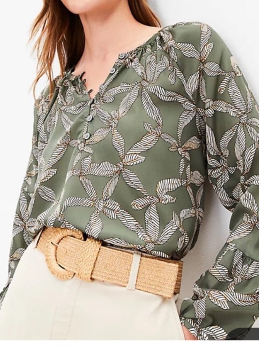 LOFT Ribbon Bubble Sleeve Henley Top Leaf Print Women's XSP